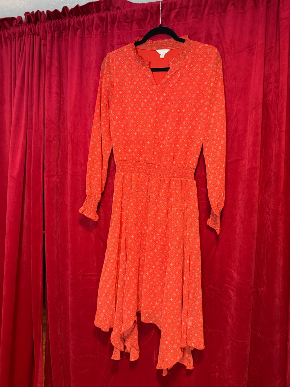 Time and Tru Coral Red Long Sleeve Smocked Waist Dress